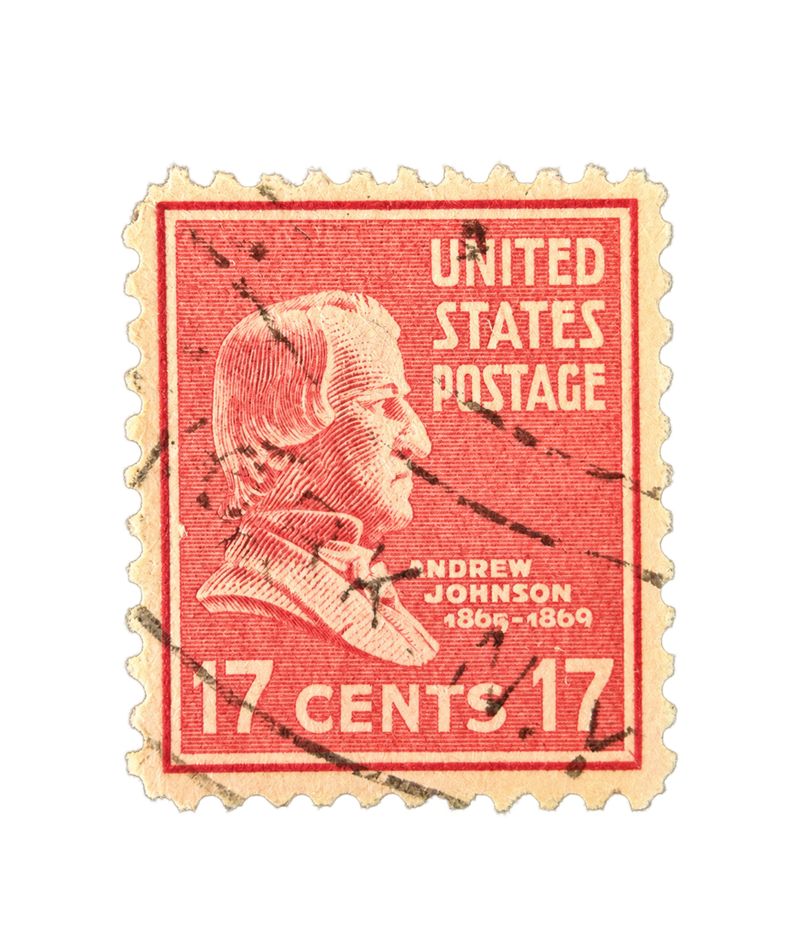 Red 17-cent Andrew Johnson United States postage stamp with cancellation