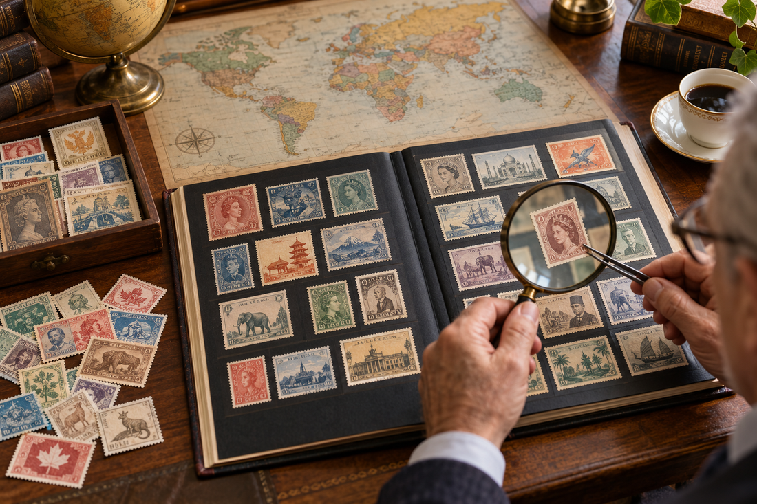 Collector identifying rare world postage stamps by country using a magnifying glass