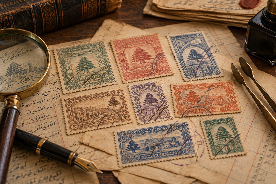 Historic Lebanese fiscal stamps displayed on archival documents