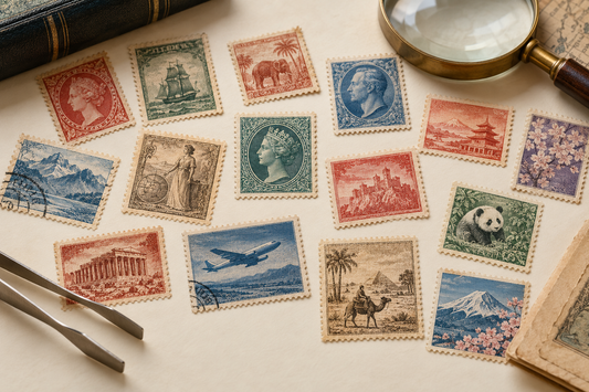 Vintage world postage stamps arranged with a magnifying glass and stamp tongs