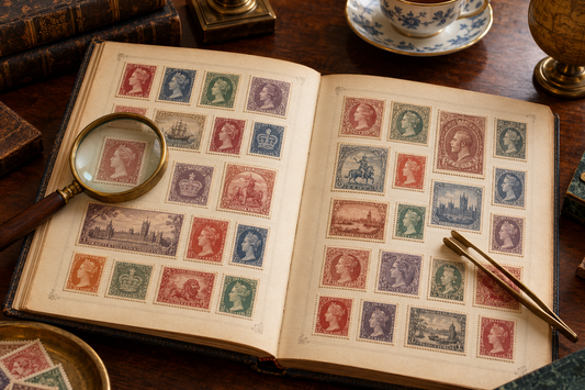 Rare British stamps displayed in a vintage stamp album with magnifying glass and stamp tongs