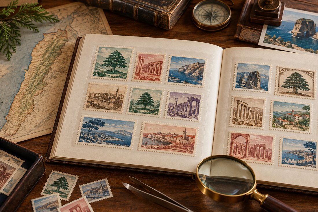 Rare Lebanese postage stamps displayed in an album beside a map of Lebanon