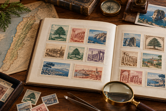Rare Lebanese postage stamps displayed in an album beside a map of Lebanon