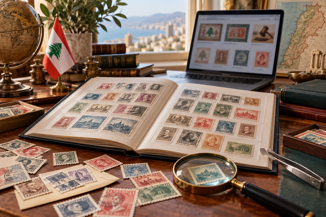 Old stamp collection being organized and valued for sale in Lebanon
