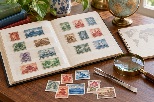 Beginner stamp collecting workspace with a stockbook, stamps, tongs and magnifying glass