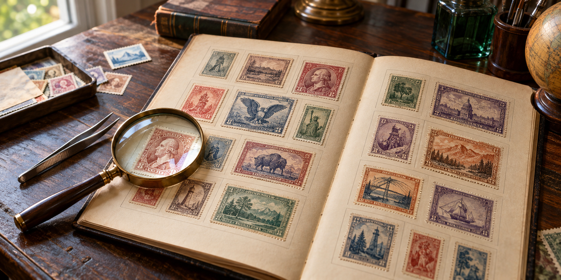 Vintage American-inspired postage stamps arranged in a collector album with magnifying glass and stamp tongs