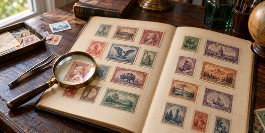 Vintage American-inspired postage stamps arranged in a collector album with magnifying glass and stamp tongs