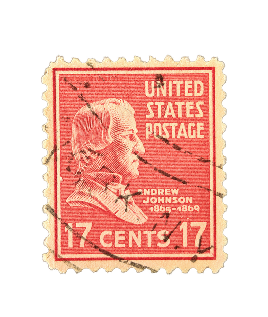 Red 17-cent Andrew Johnson United States postage stamp with cancellation