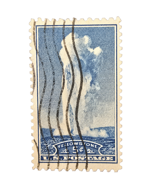United States Yellowstone Park Blue postage stamp, isolated on transparent background