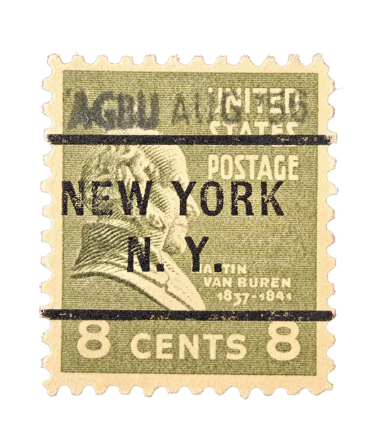 United States 8¢ Martin Van Buren New York Precancel postage stamp, isolated on transparent background